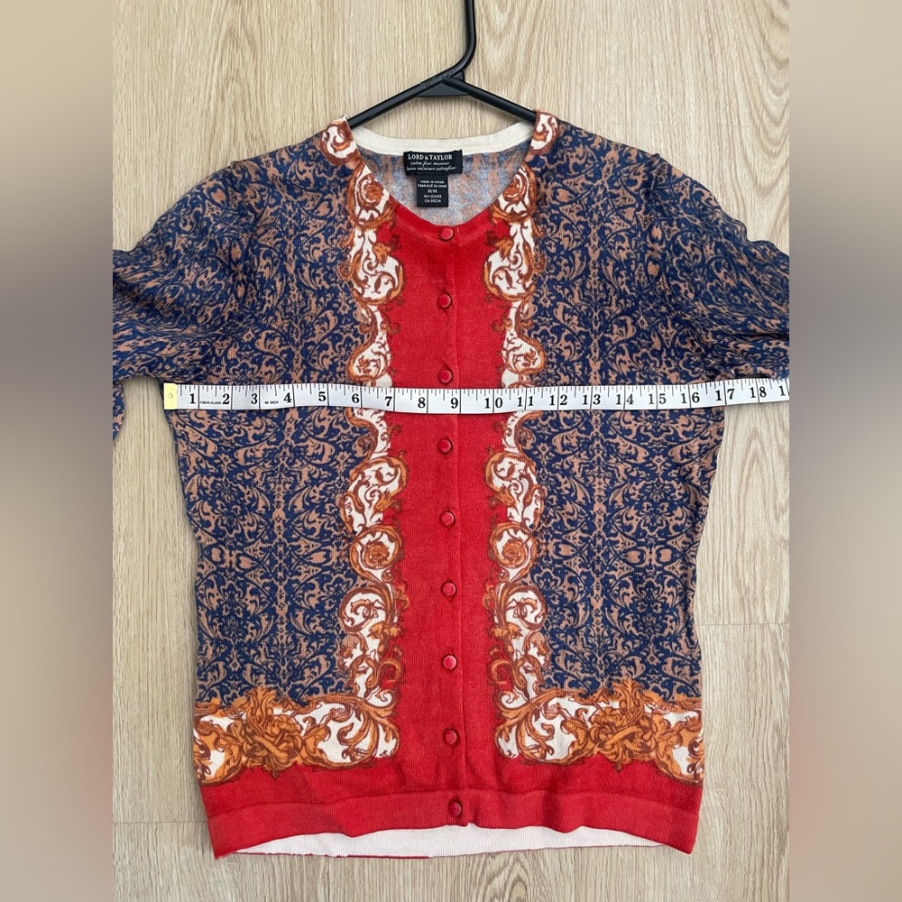 Red Cardigan Lord & Taylor Merino Wool Baroque Tapestry Sweater Size M Vintage - Picture 9 of 13